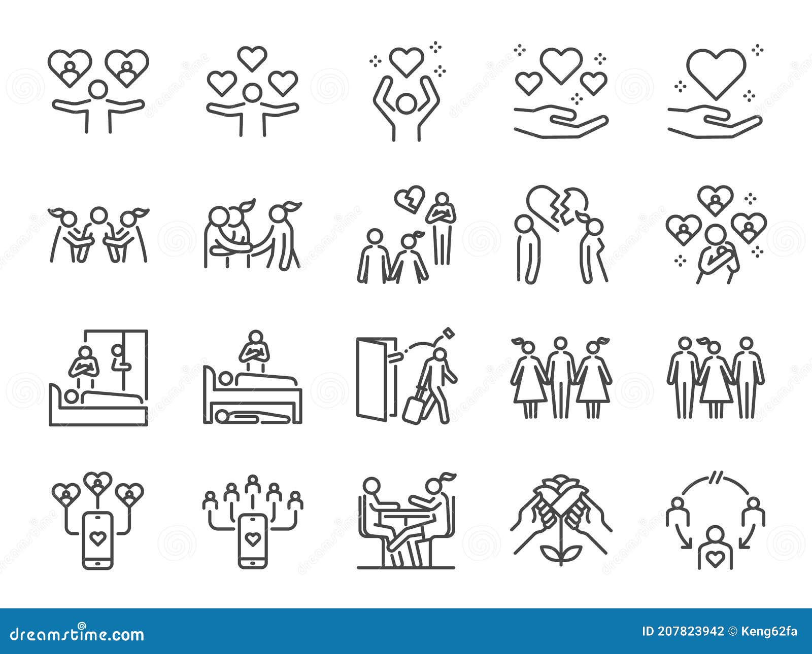 cheating and love affair line icon set. included the icons as relationship, complicated, divorced, engaged, and more.