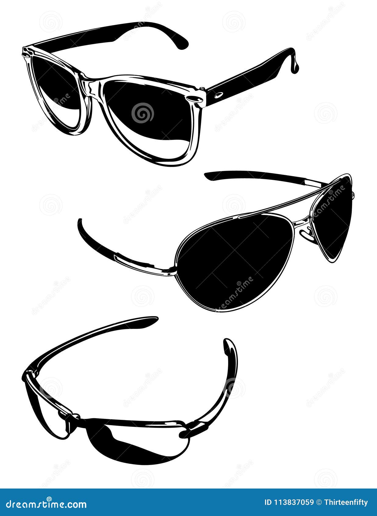 Black and White Sunglasses Vector Graphic Illustrations Set Stock