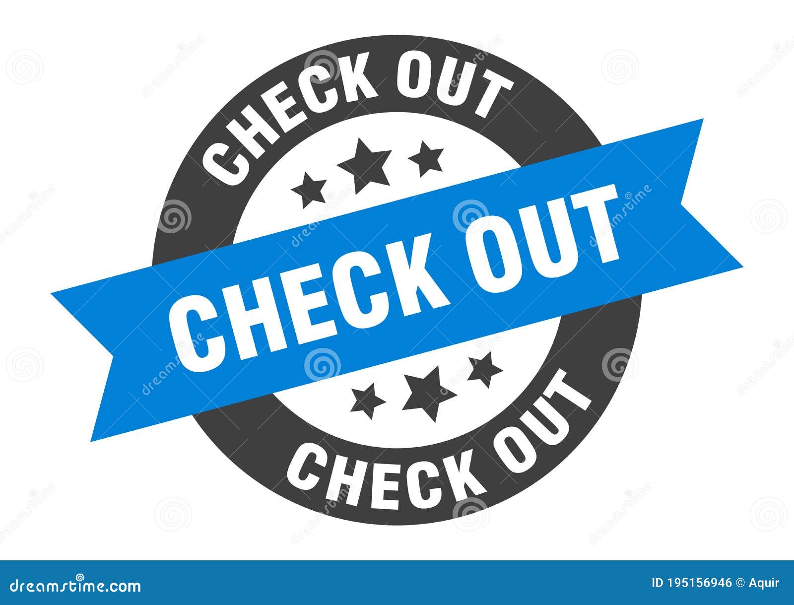 check out sign. round ribbon sticker.  tag