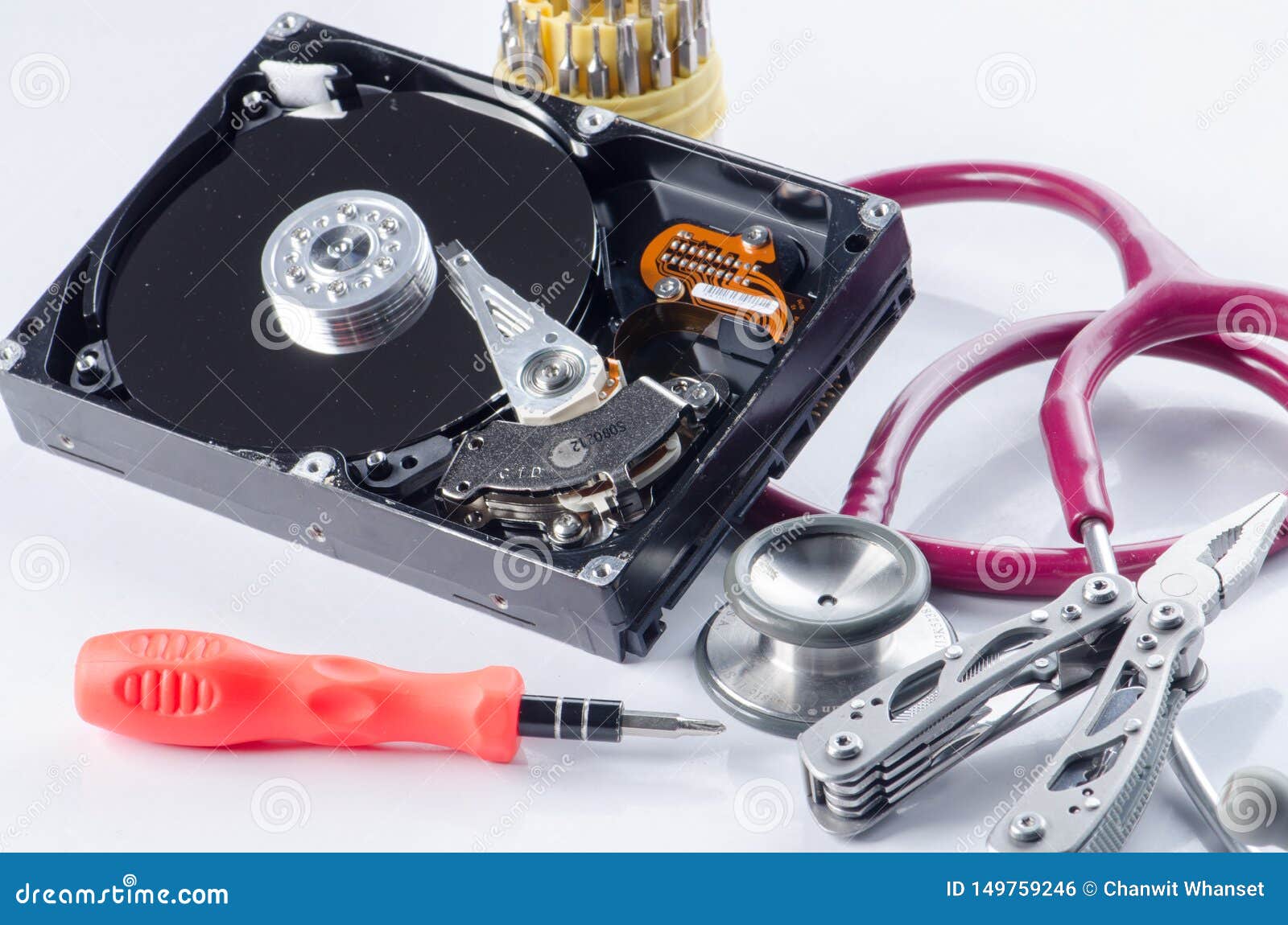 Health and Technology Stethoscope on Circuit Board blue. Check repaired external hard drive on the computer