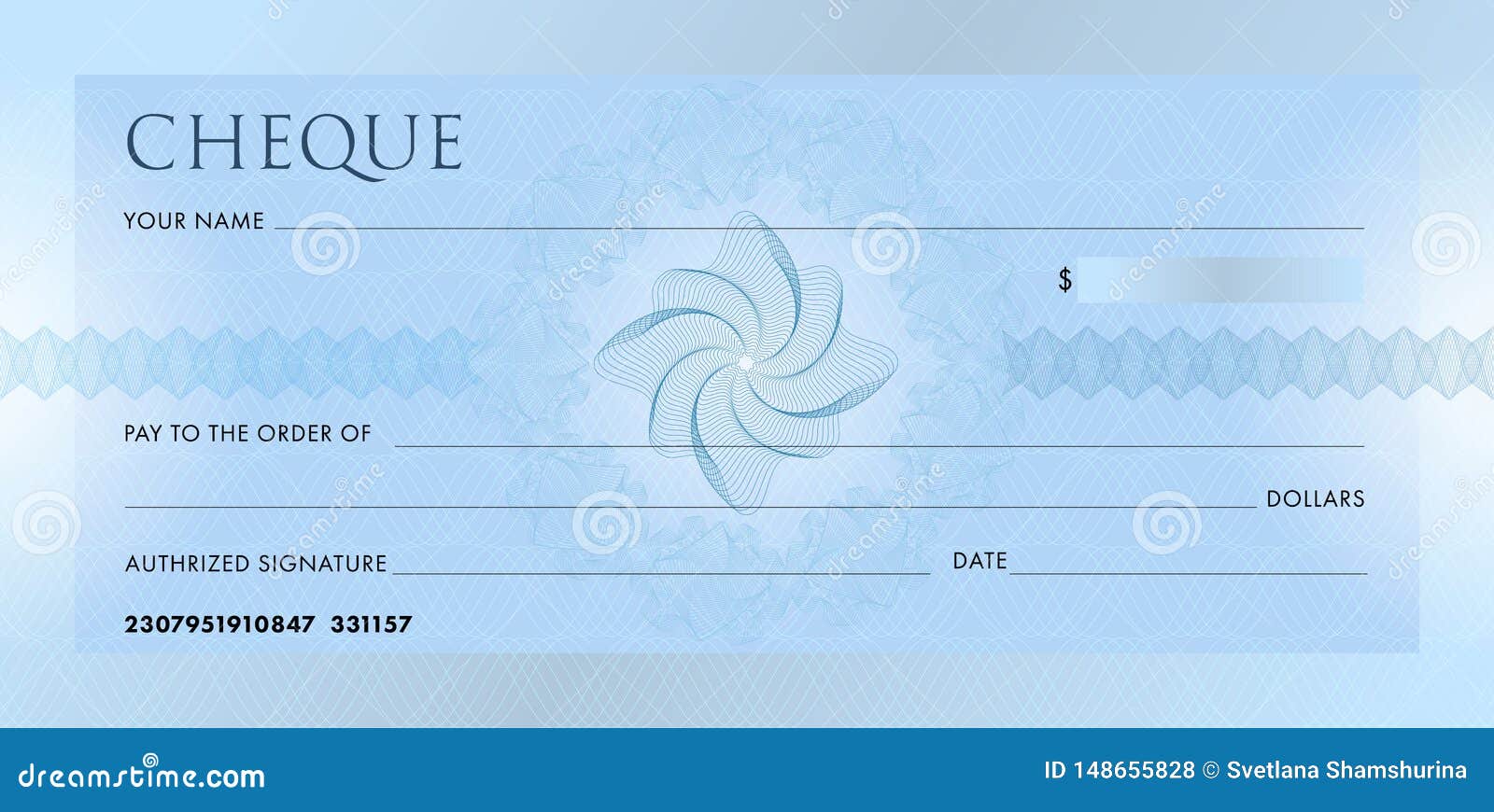 Check Template, Chequebook Template. Blank Blue Business Bank Cheque With Guilloche Pattern Rosette And Abstract Stock Vector - Illustration Of Frame, Dollar: 148655828