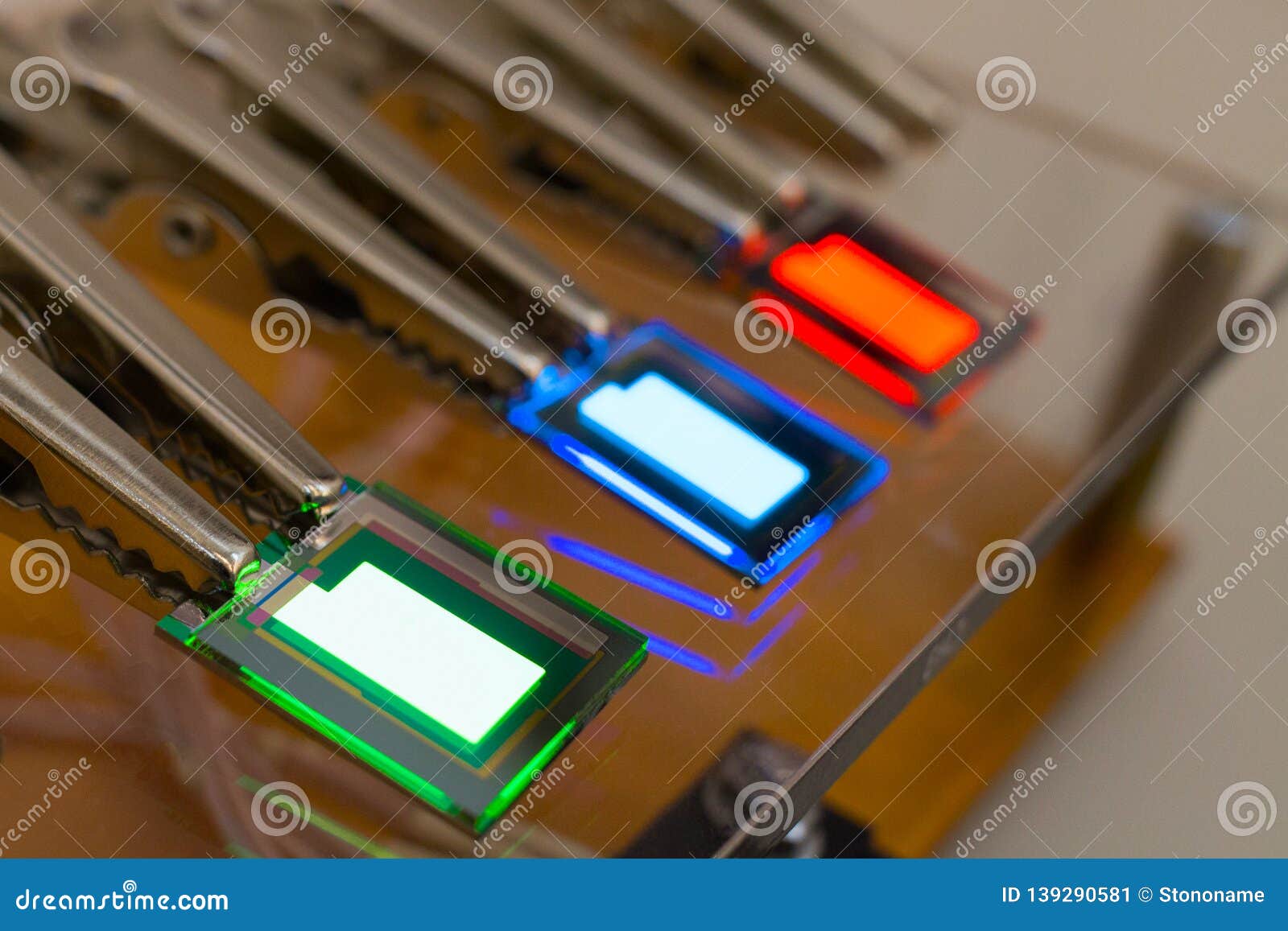 Checking turn on small tiny oled display on probe station stock image