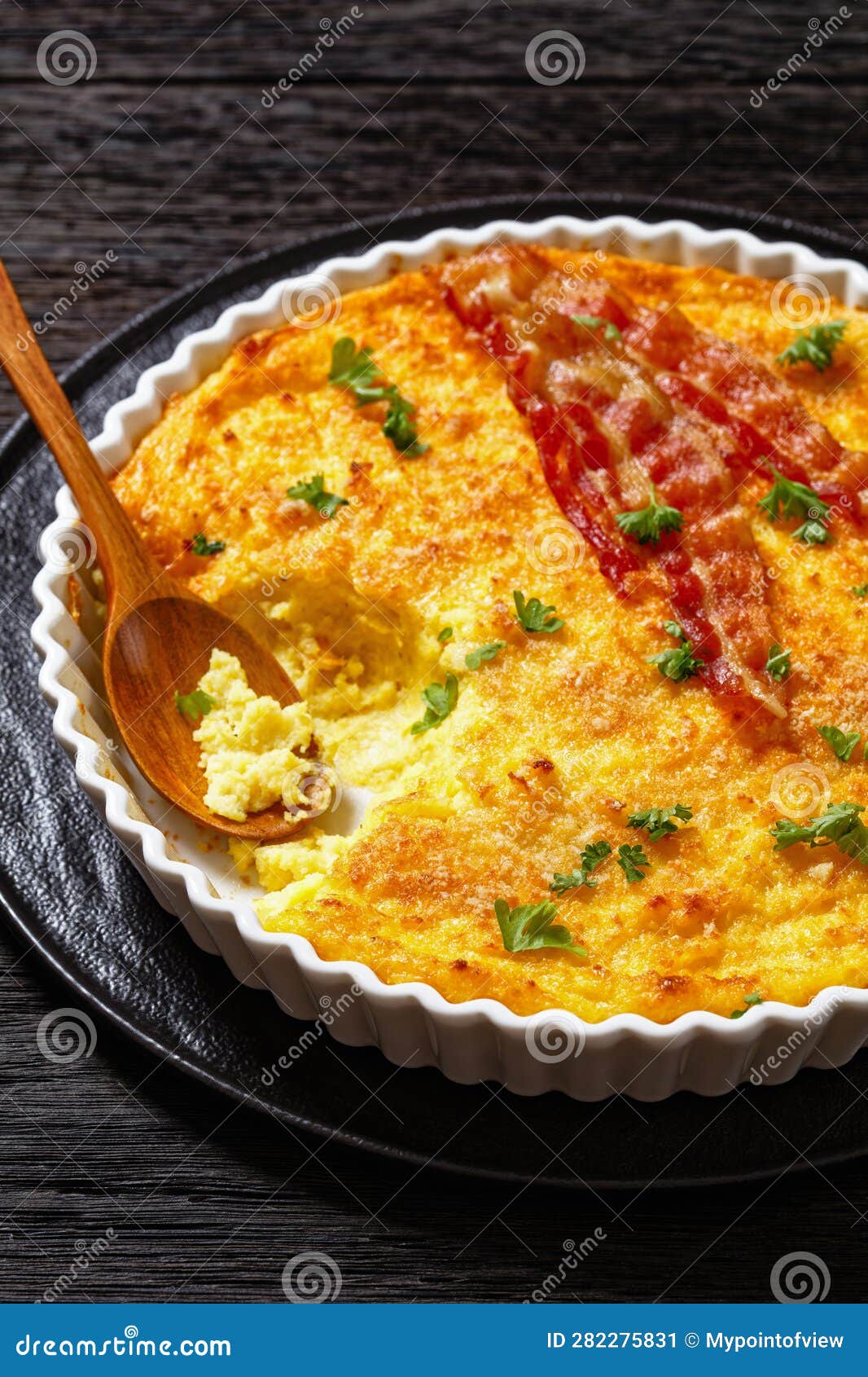 Cheddar Cheese Grits Casserole with Bacon Slices Stock Image Image of