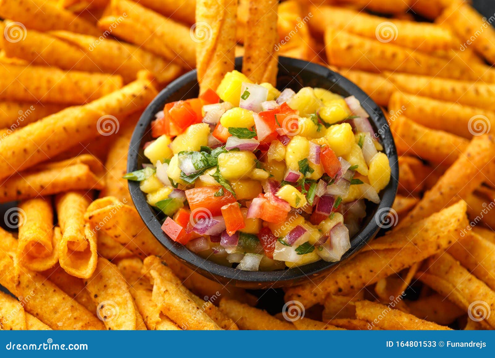 Cheddar Cheese Tortilla Rolls, Chips in Serving Basket with Mango Salsa
