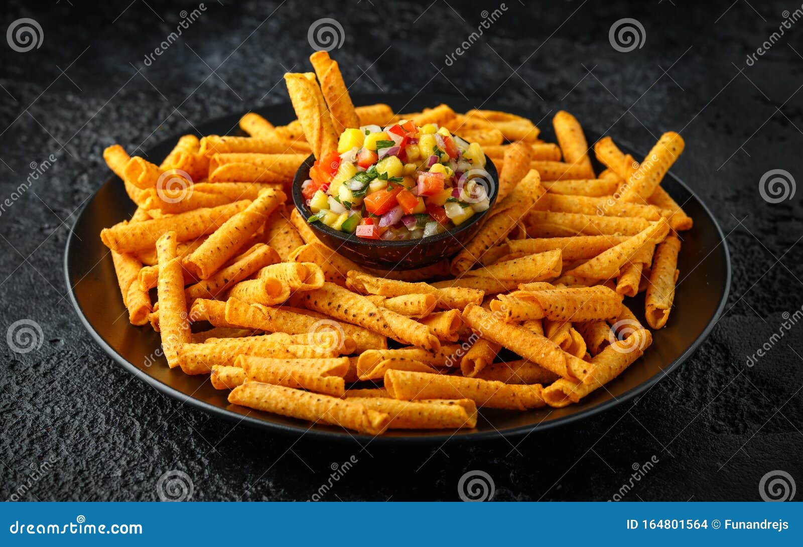 Cheddar Cheese Tortilla Rolls, Chips in Serving Basket with Mango Salsa