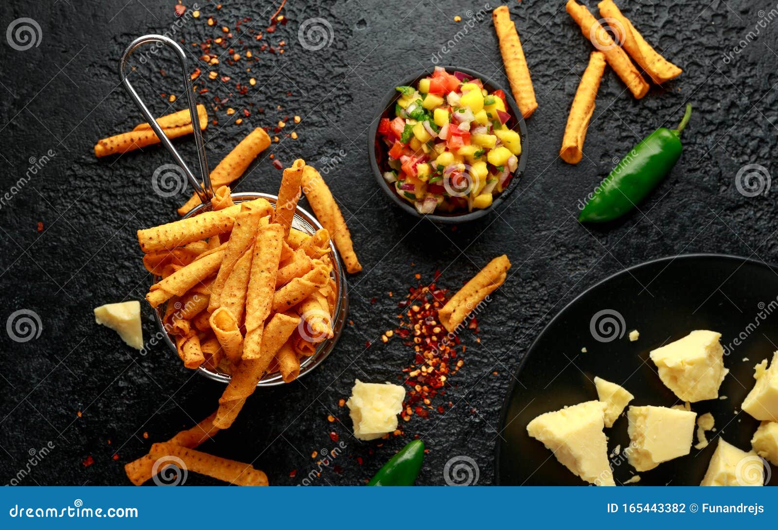 Cheddar Cheese Tortilla Rolls, Chips in Serving Basket with Mango Salsa
