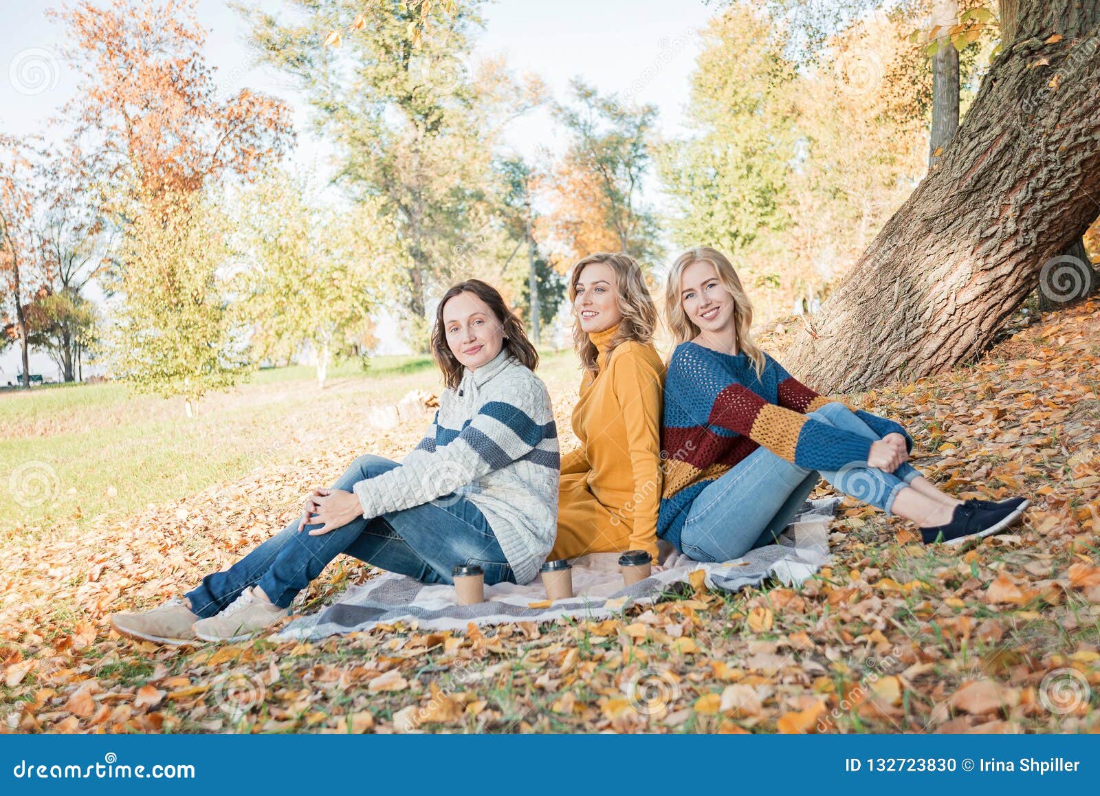 Cheerful Attractive Three Young Women Best Friends Having Picnic and ...