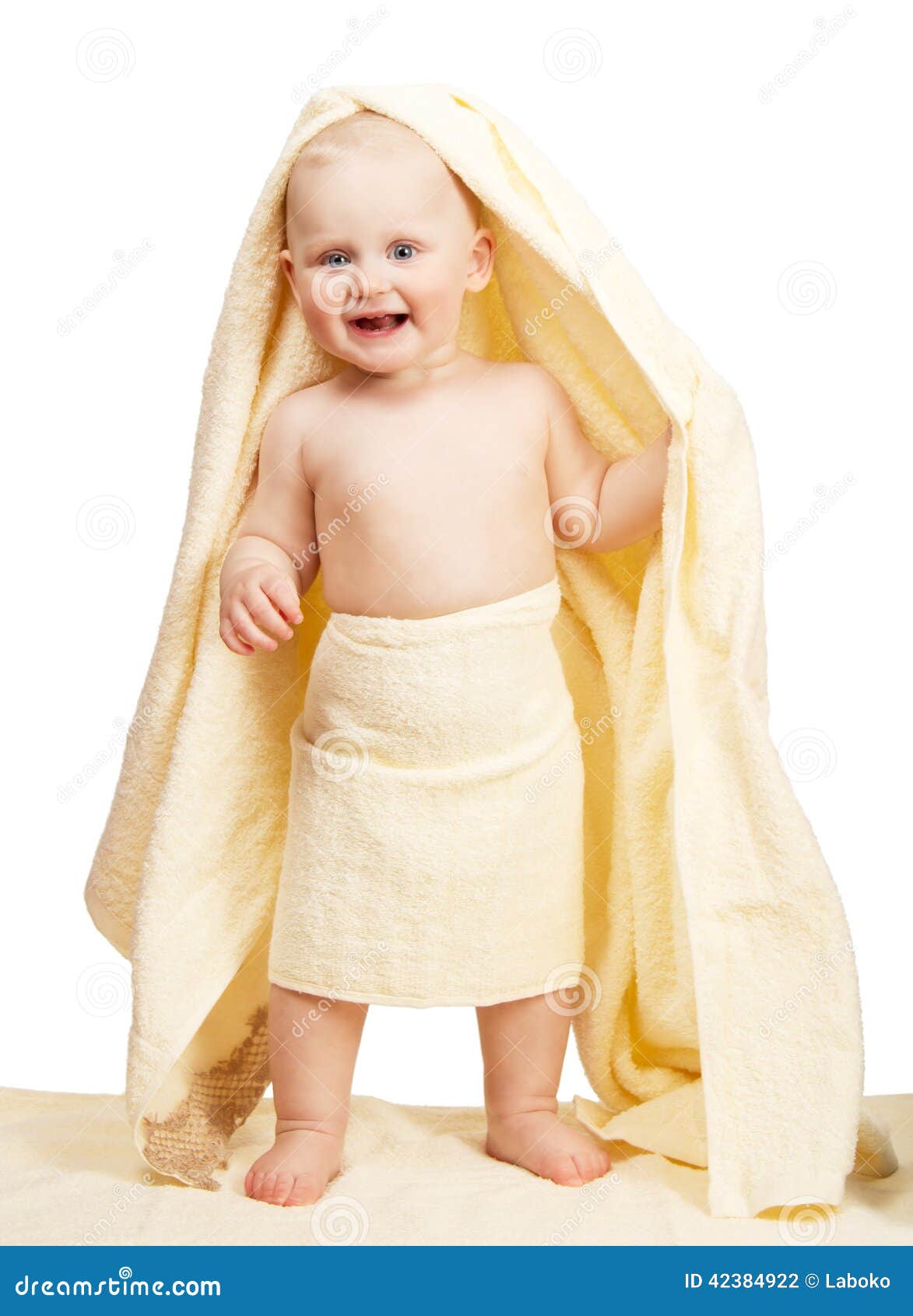 The Cheerful Baby Costs Wrapped Up in Yellow Towel Stock Photo - Image ...