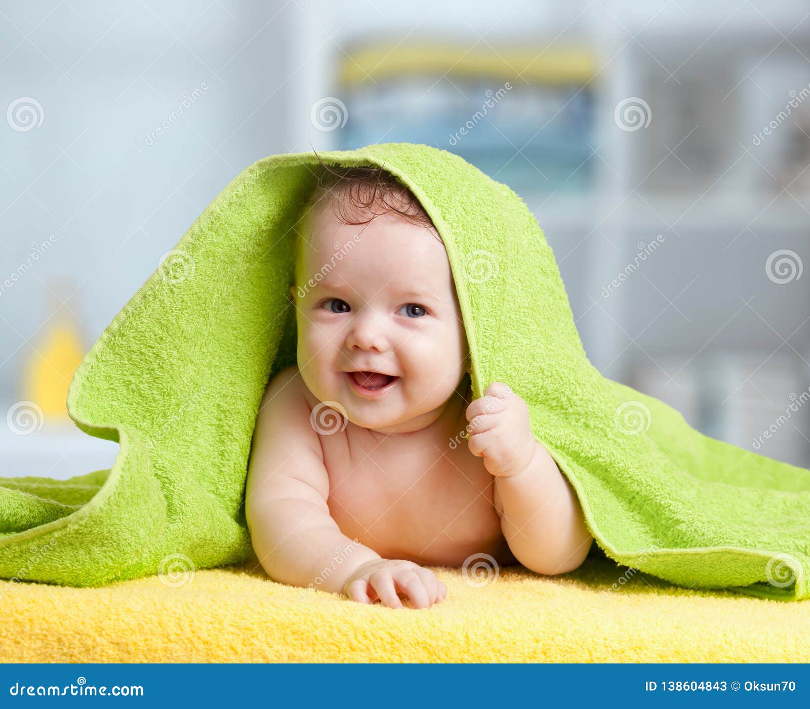 Cheerful Baby Lying Under Towel after Bathing Stock Image - Image of ...