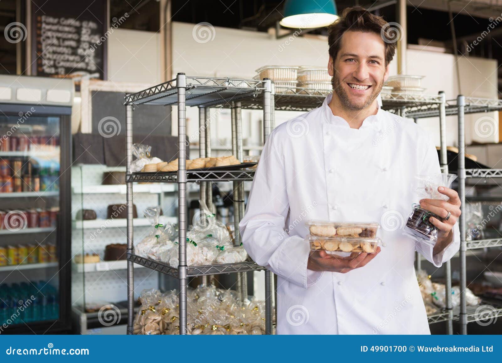Cheerful Baker Holding Coffee House and Food Stock Photo Image of happy, restaurant 49901700