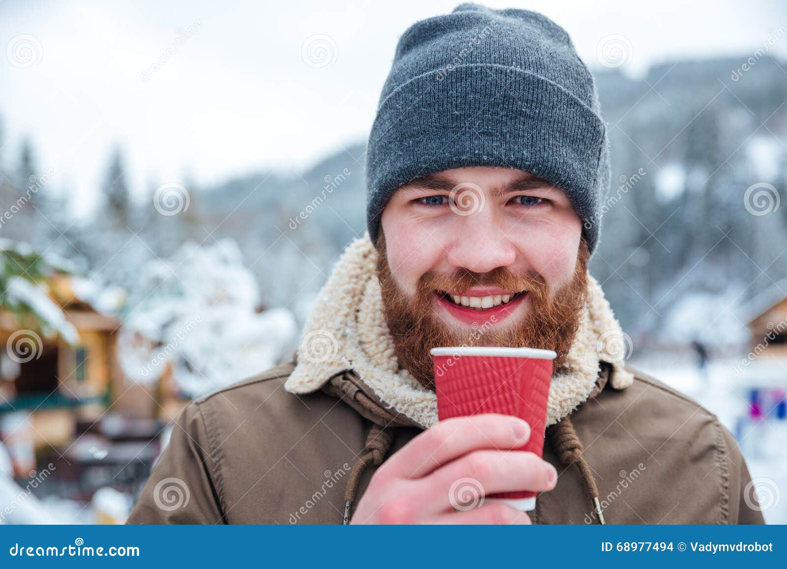 Cheerful Bearded Man Drinking Hot Coffee Outdoors in Winter Stock Photo ...