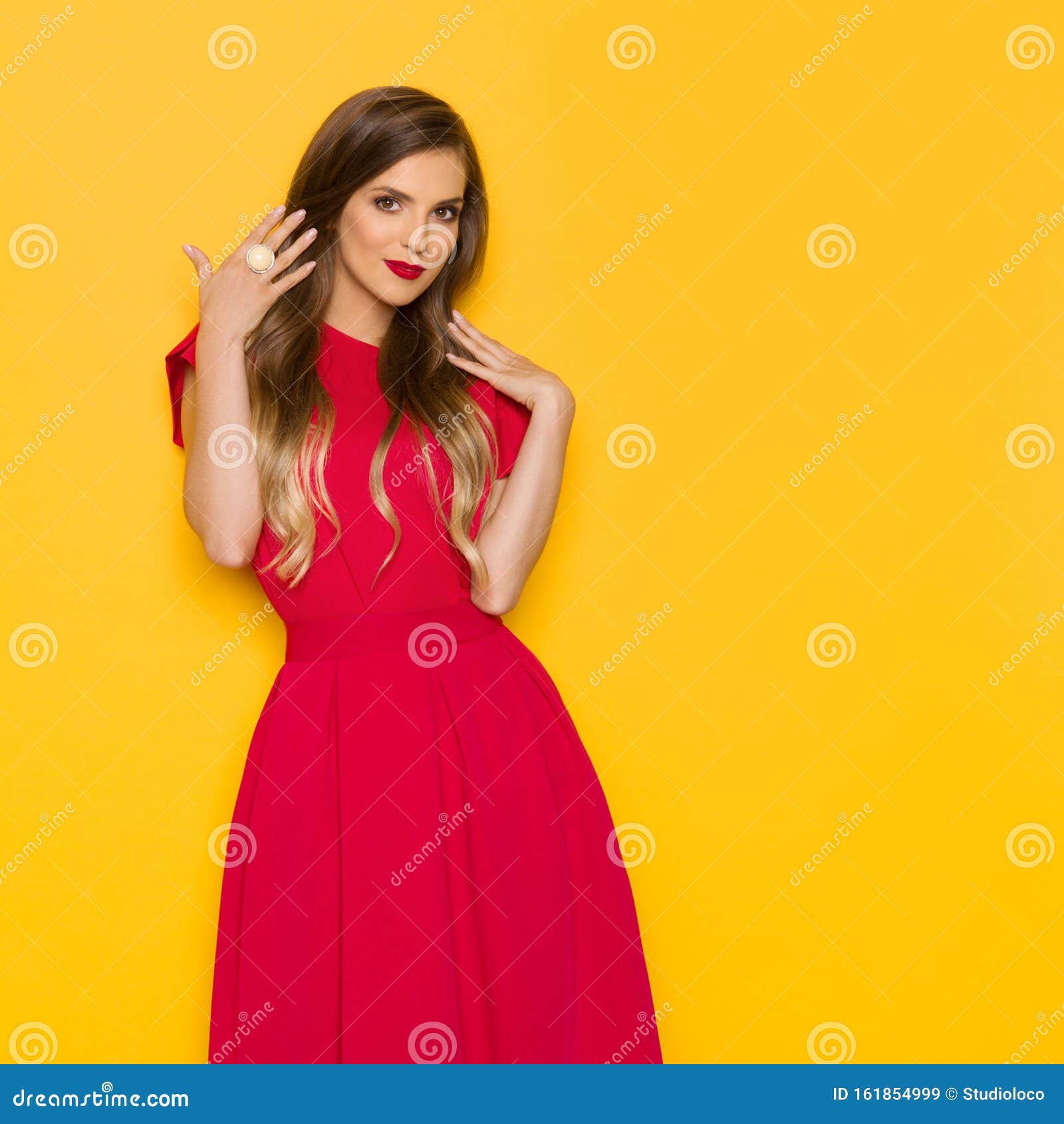 Cheerful Beautiful Woman in Red Dress Stock Image - Image of cheerful ...