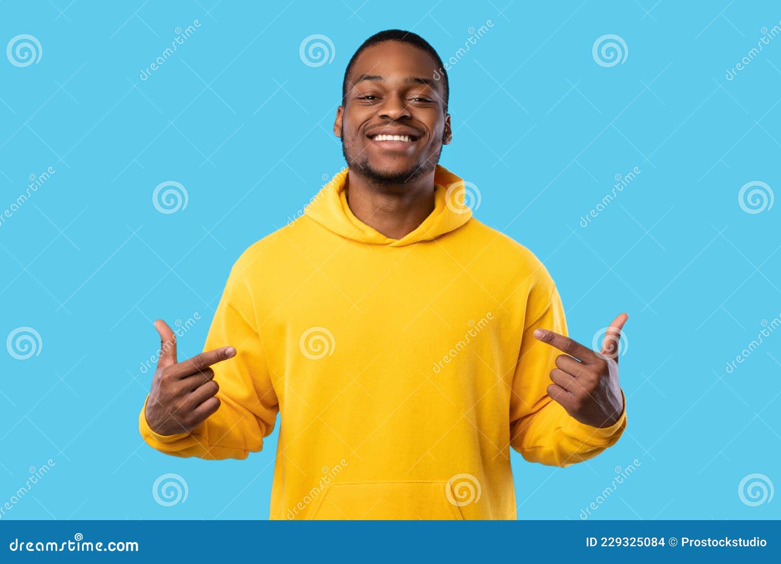 Cheerful Black Guy Pointing Fingers at Himself Over Blue Background Stock  Photo - Image of young, selfconfidence: 229325084