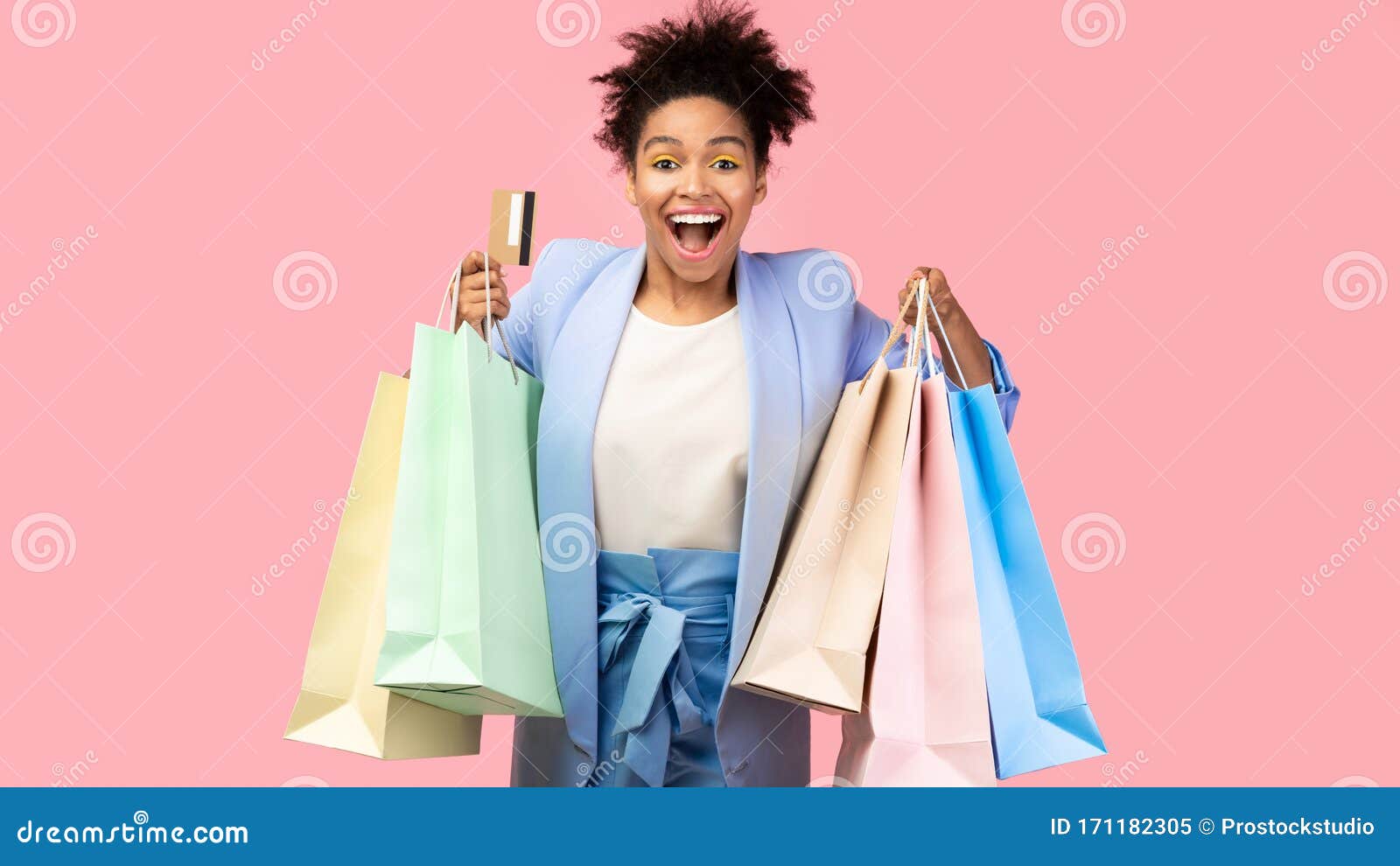 Cheerful Shopper Girl With Purchases In Colorful Paper Bags Happy