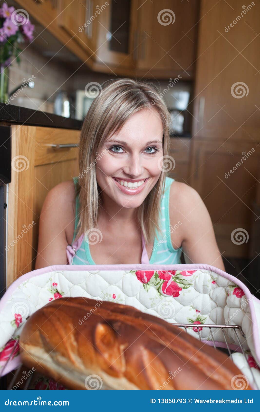 Cheerful Blond Woman Baking Bread Stock Image Image of girl, females
