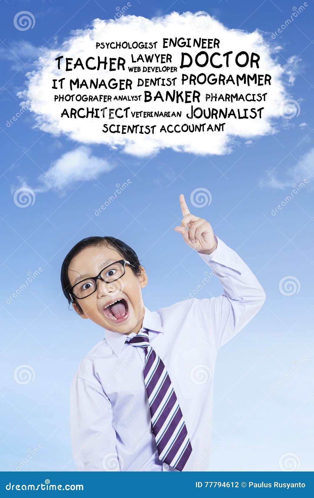 Cheerful Boy Pointing Up at Future Jobs Stock Photo - Image of person ...