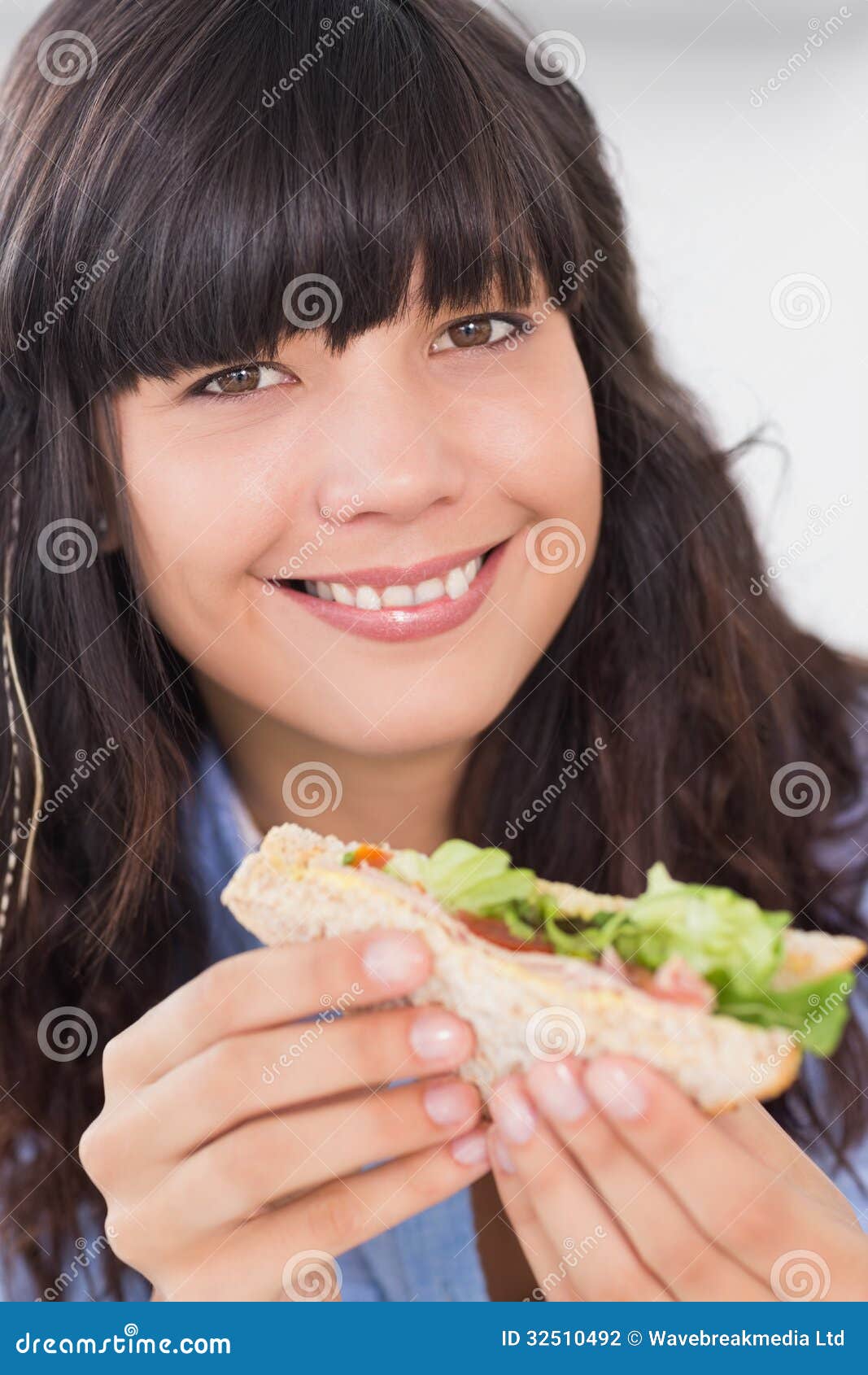 Cheerful Brunette Having a Salad Sandwich Stock Photo - Image of eating ...