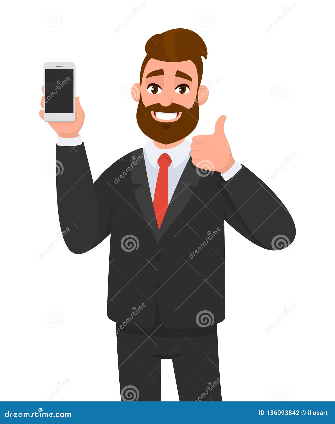 cheerful businessman holding/showing brand new smartphone/mobile/cell phone in hand and gesturing thumbs up sign. good, deal.