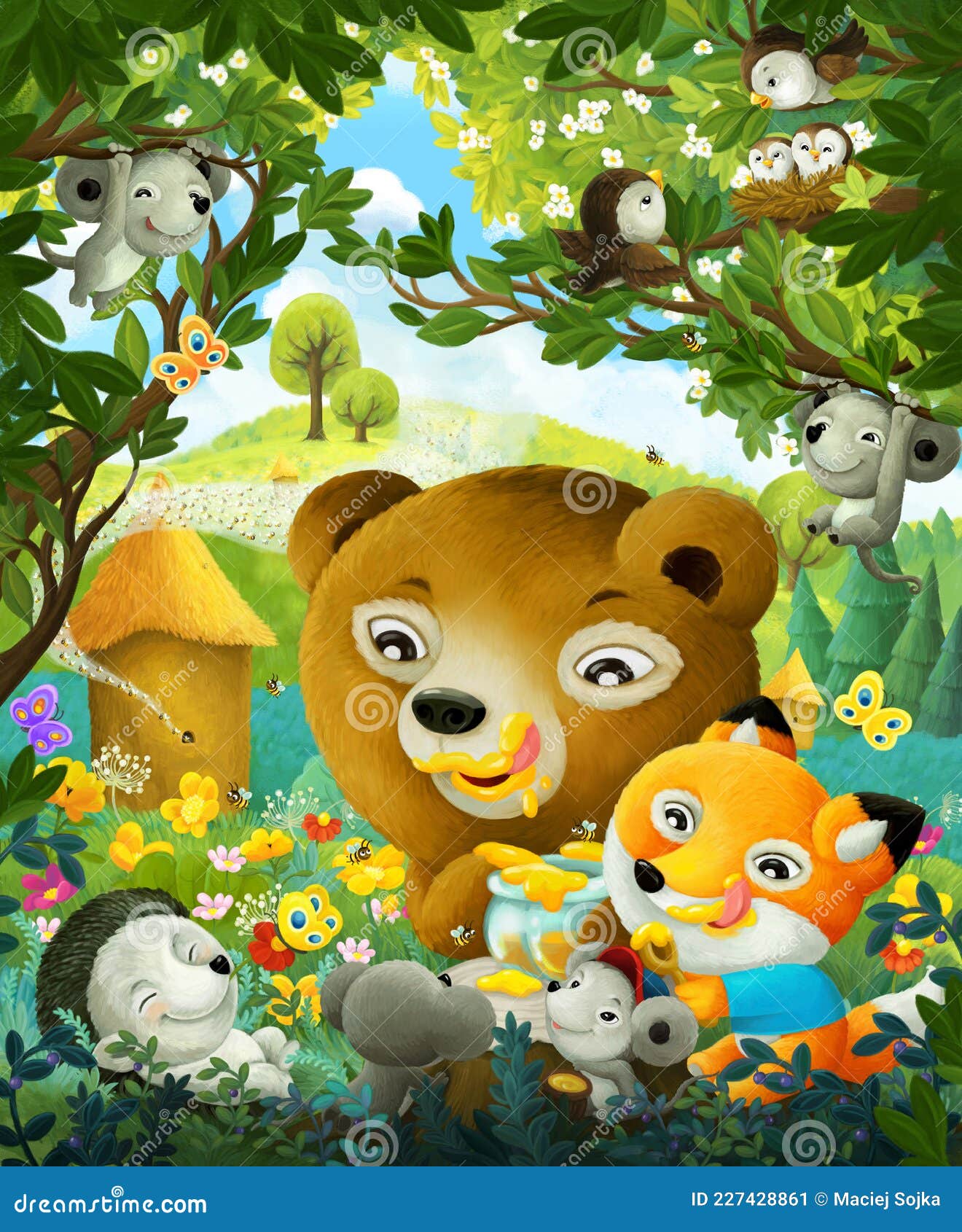 Cheerful Cartoon Scene Forest Animals Friends Eating Honey Near Hive ...