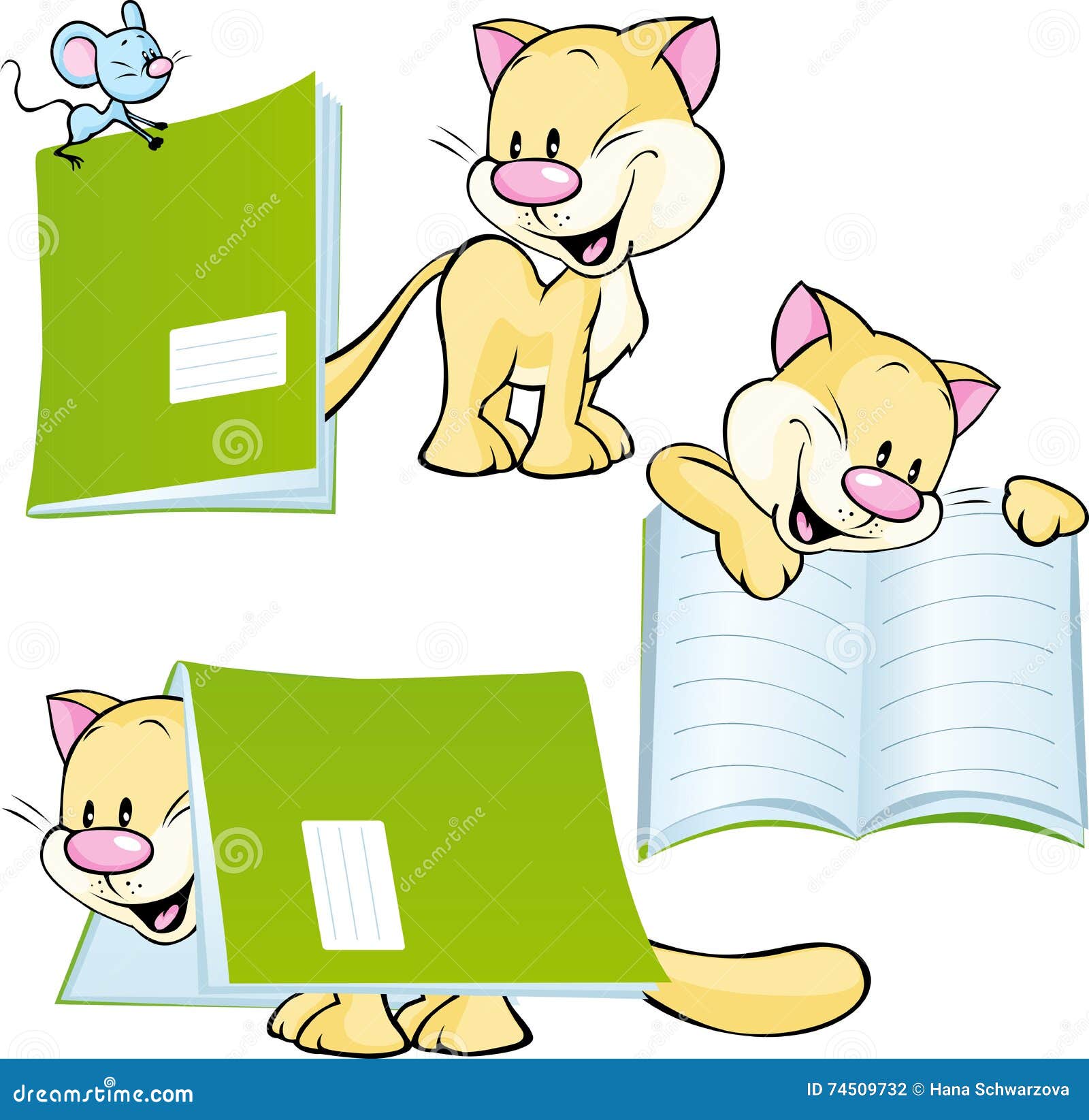 cheerful cat playing and learning with workbook - 