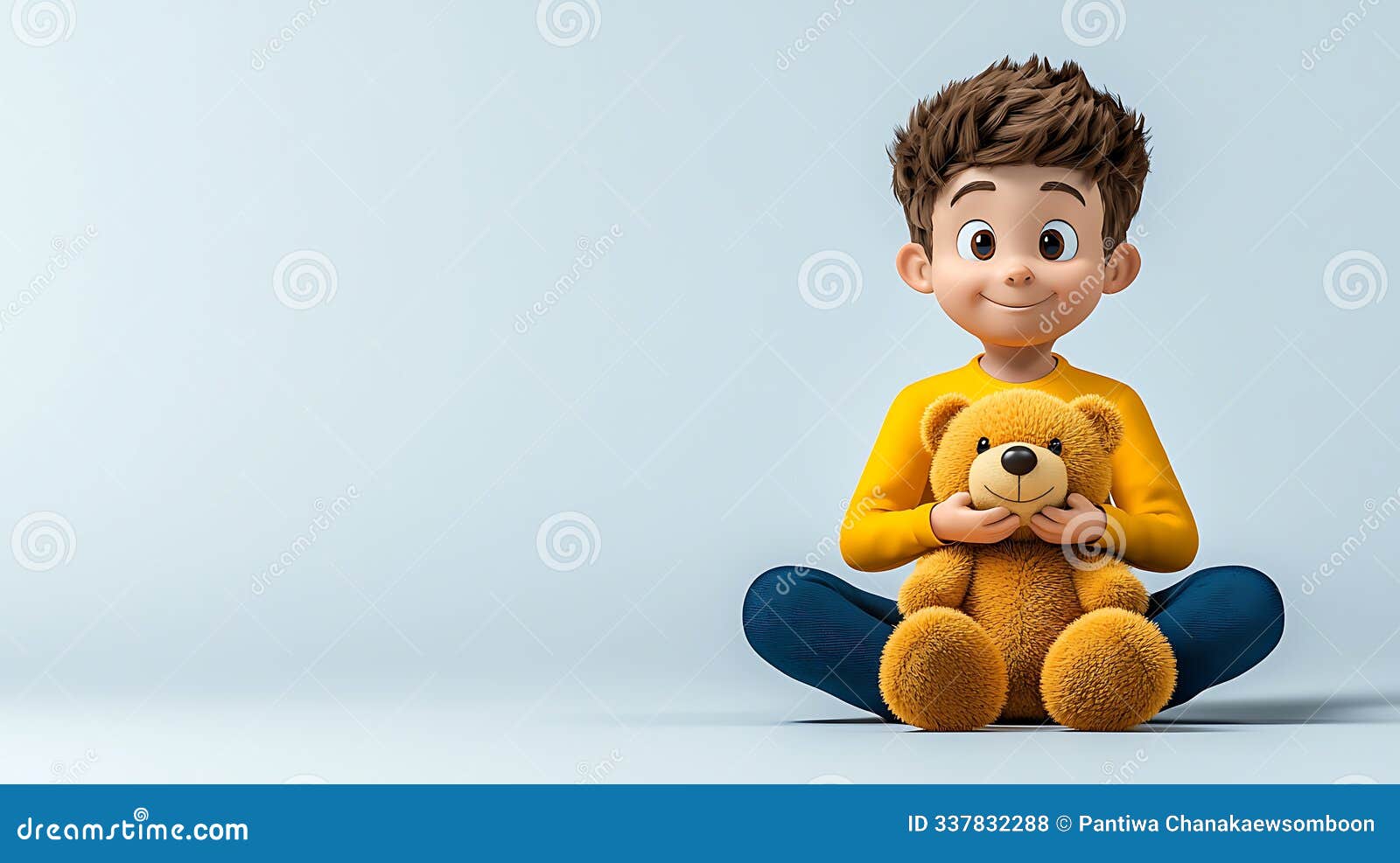 happy child sitting with teddy bear in cartoon style