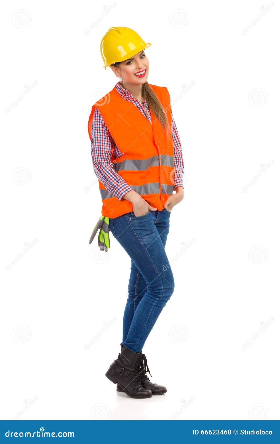 Cheerful Construction Worker Woman Stock Photo - Image of camera