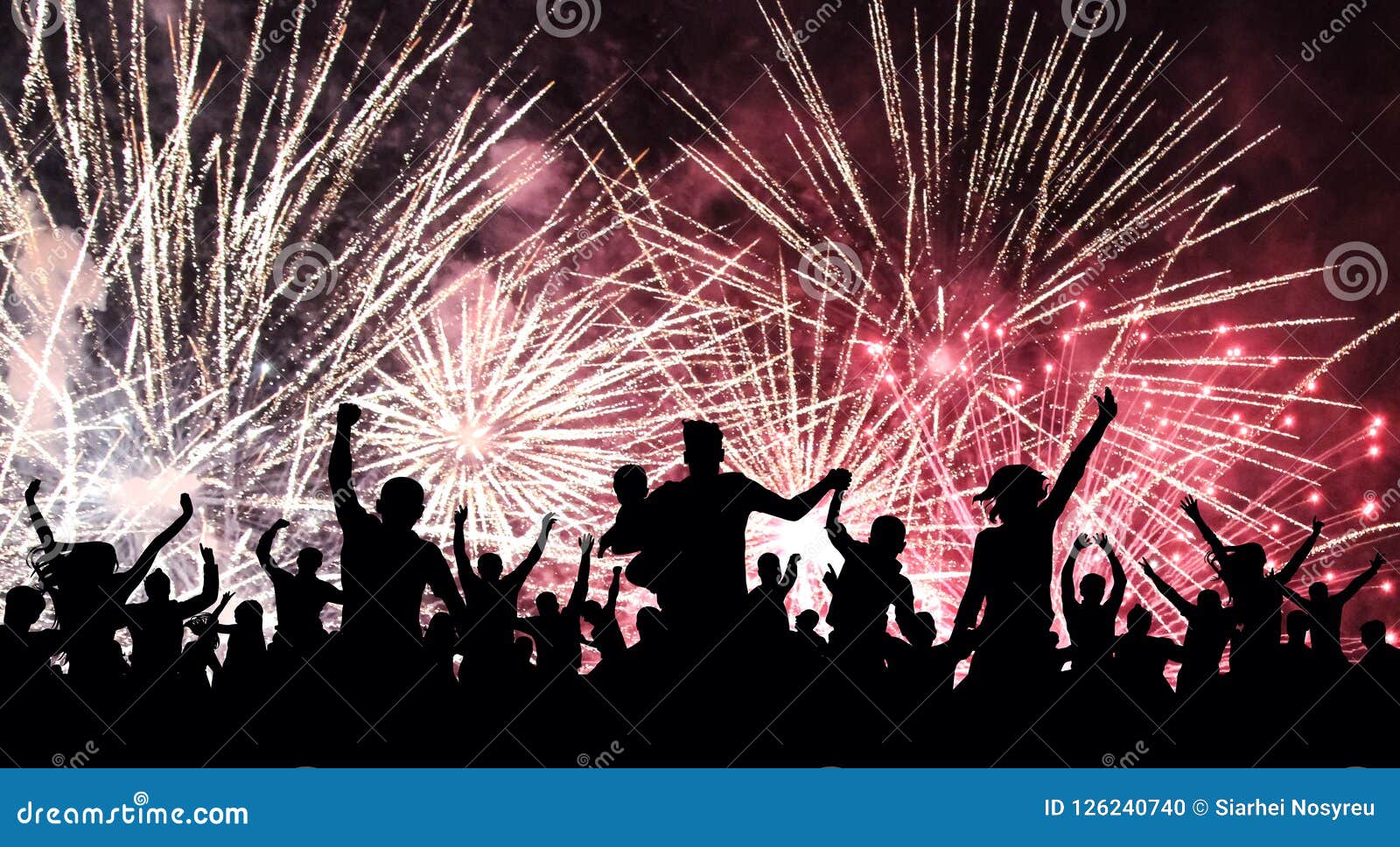 cheerful crowd of people watching a salute, firework. celebration, feast, holiday.