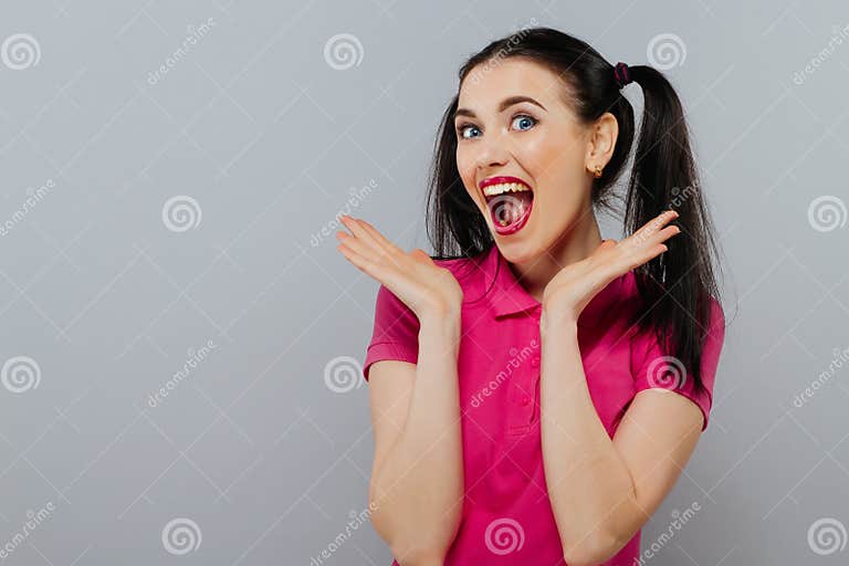 Cheerful Fashion Girl Going Crazy Making Funny Face And Dancing Blue Color Background Hipster