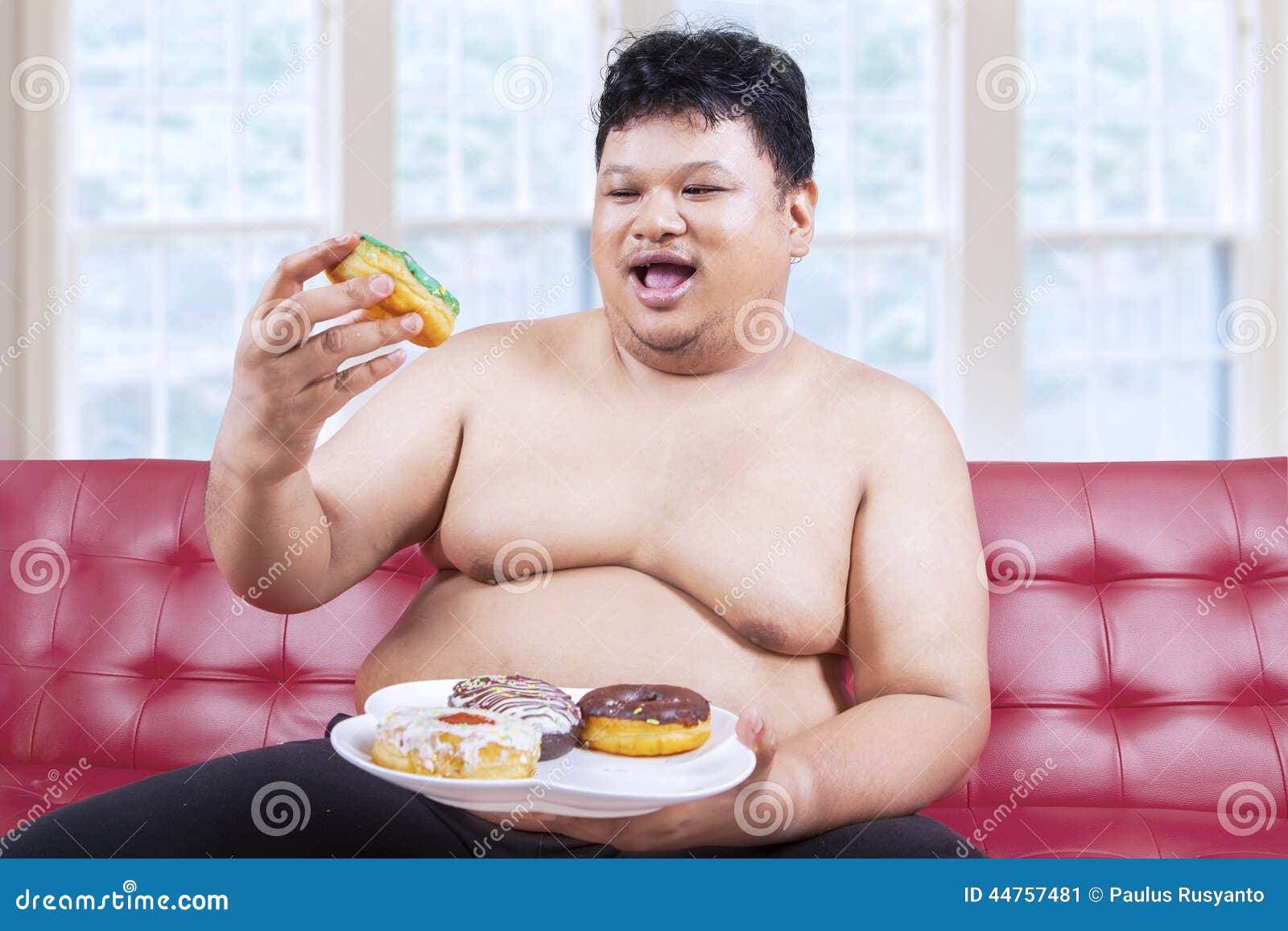 Cheerful Fat Man Eating Donuts 2 Stock Photo Image 44757481