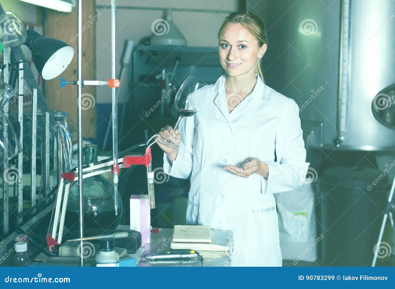Cheerful Female Specialist in Winery Laboratory Stock Image Image of