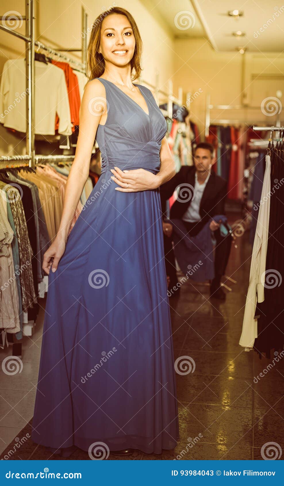 Cheerful Female is Trying on New Dark Blue Dress Stock Image - Image of ...
