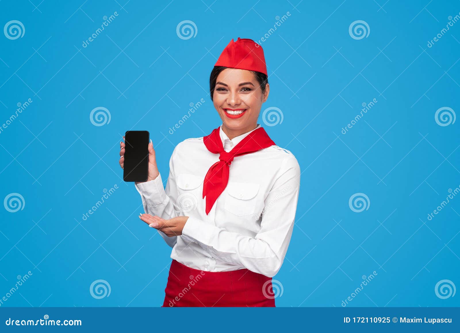 Download Cheerful Flight Attendant Advertising Airline App Stock ...