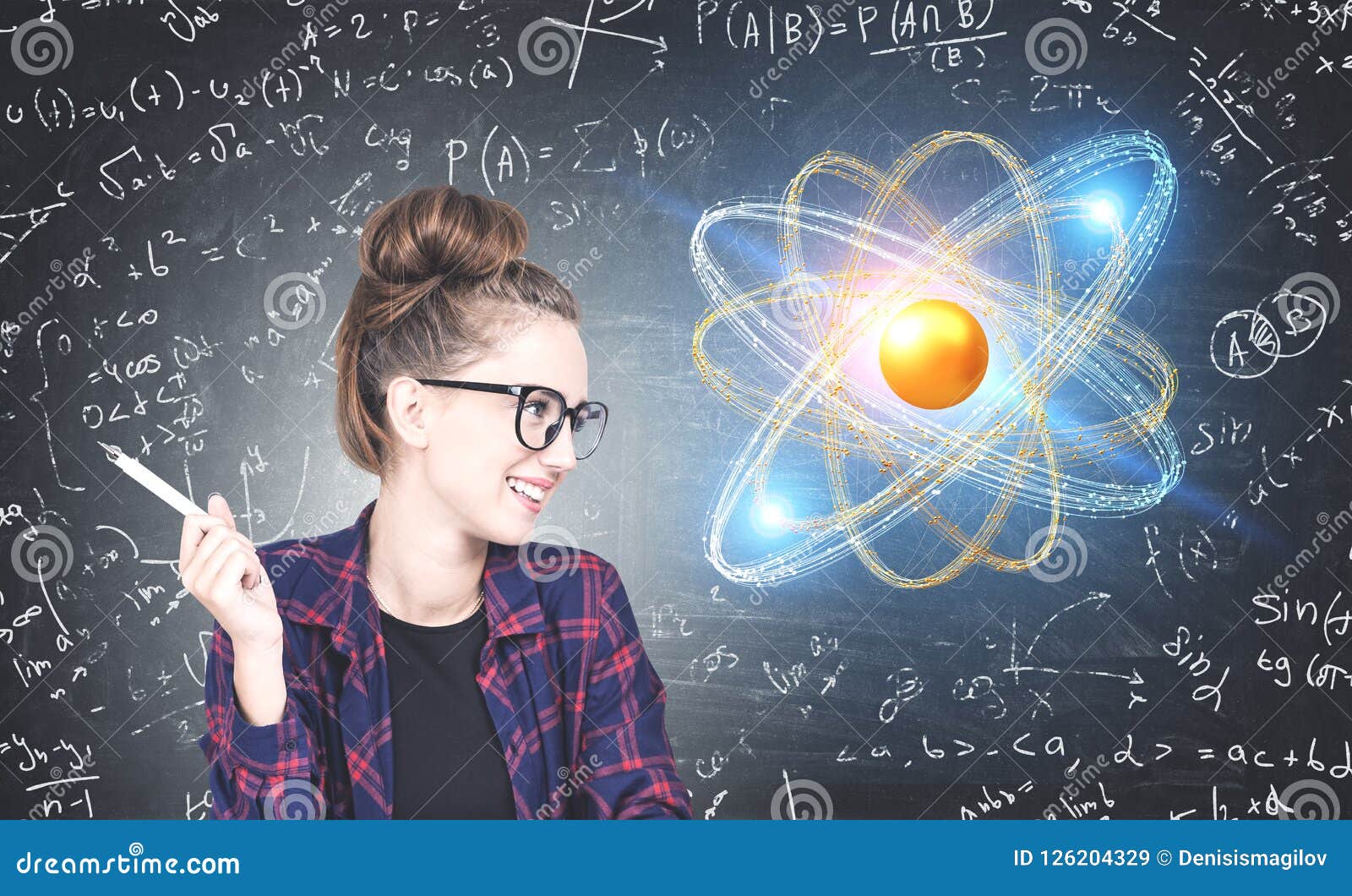 Cheerful Geek Girl Looking at Atom Model Hologram Stock Image - Image of  chemistry, connection: 126204329