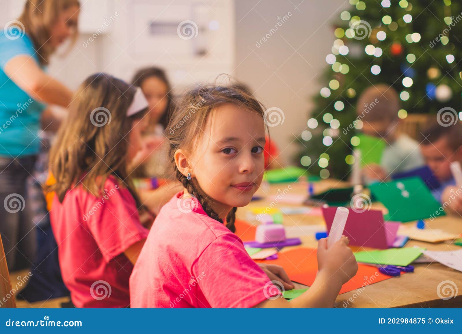 Cheerful Girl while Christmas Workshop among Other Kids Stock Image ...