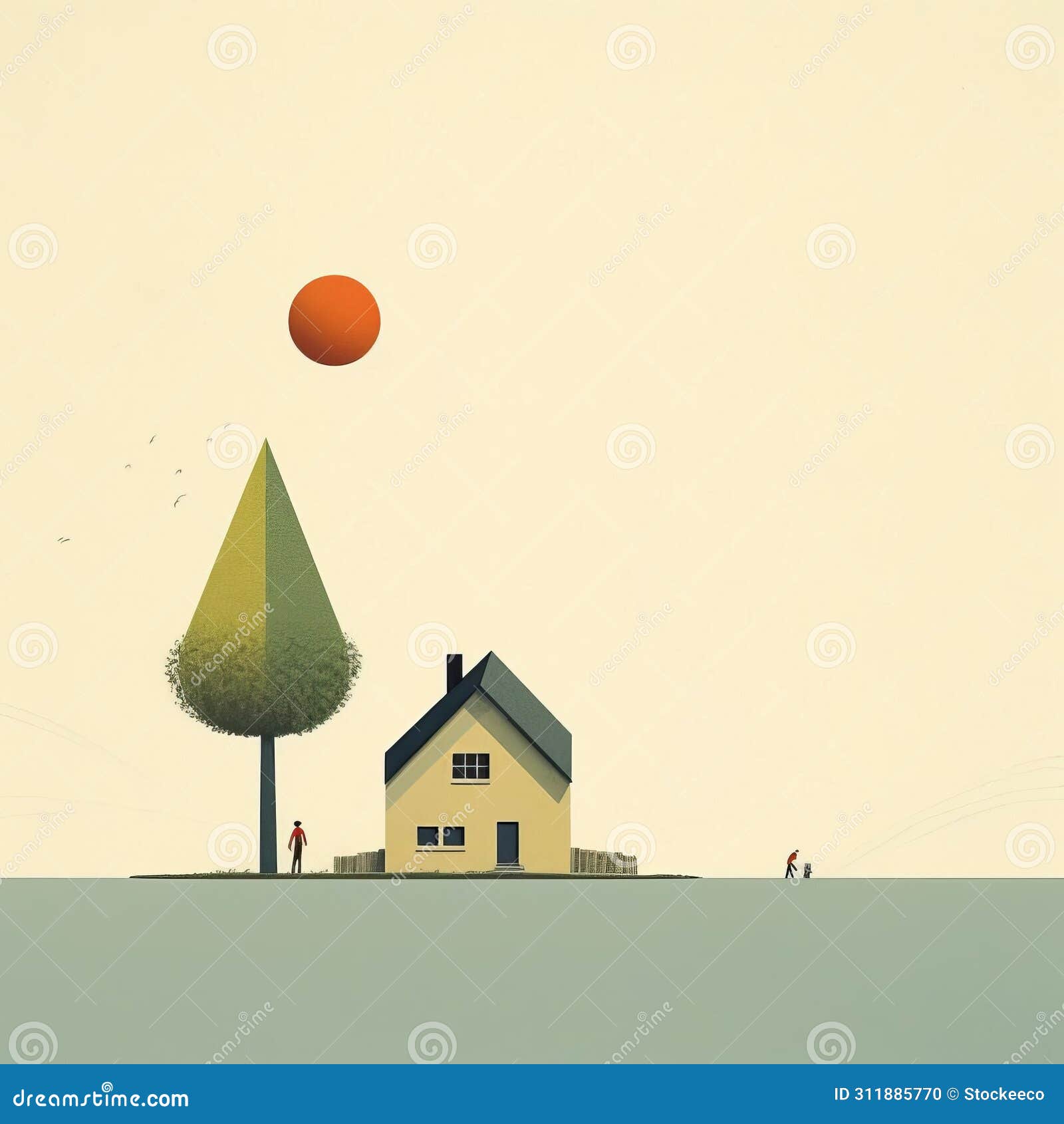 cheerful graphic  of a minimalist landscape with whimsical characters