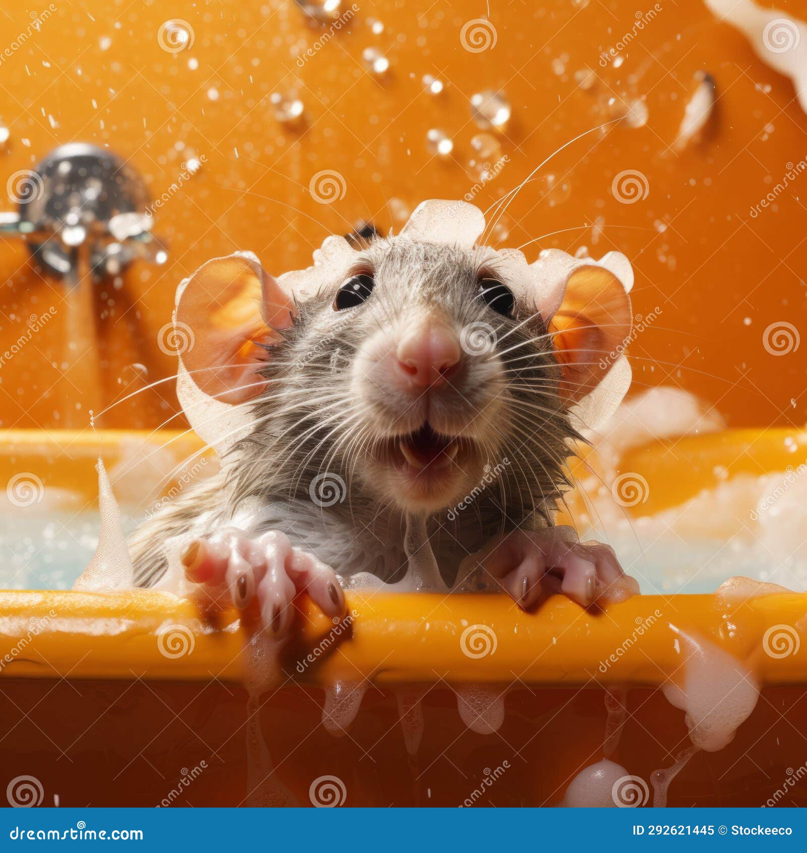 cheerful gray rat splashing in tub with playful innocence