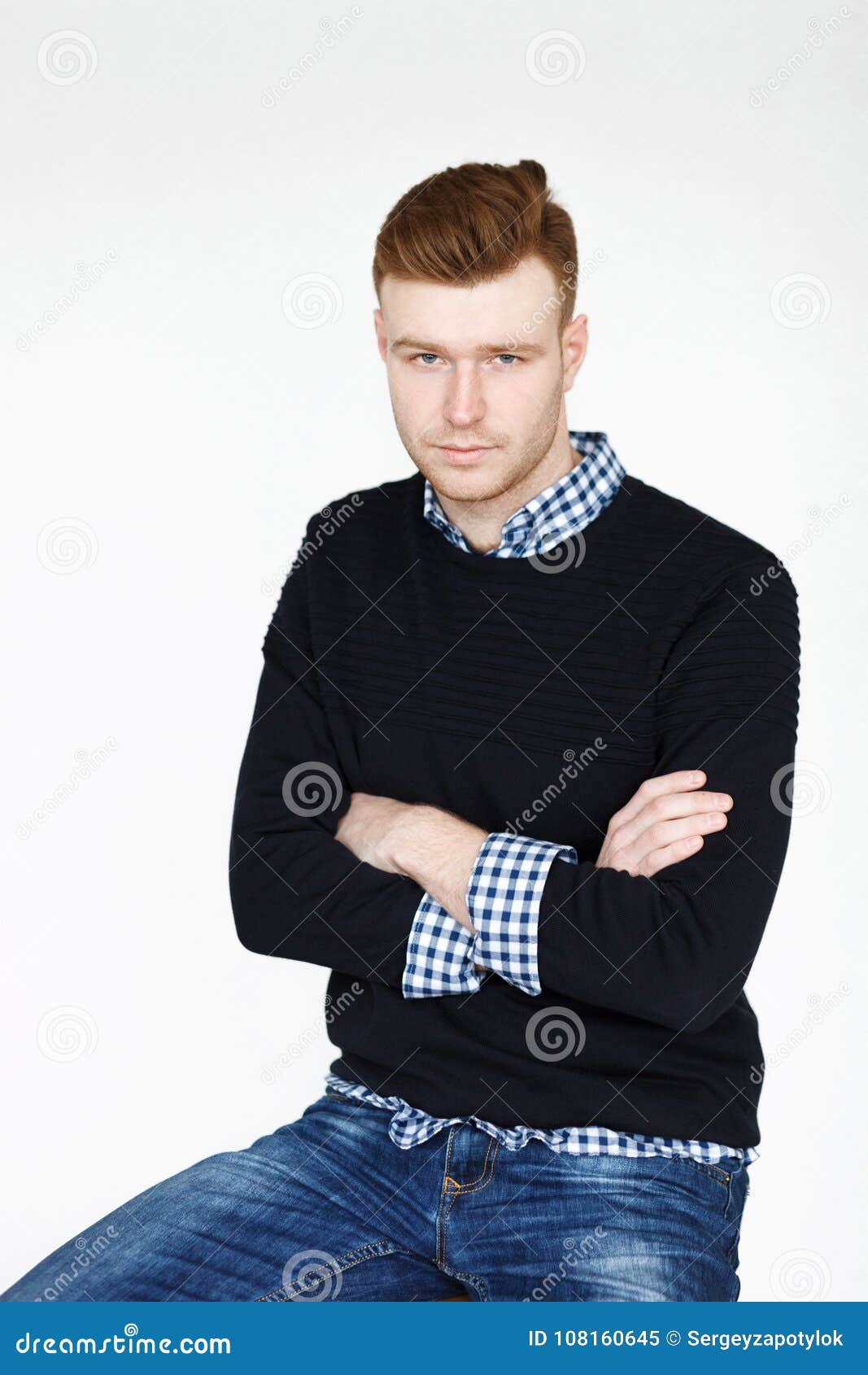 Cheerful Handsome Redhead Young Guy in Black Cardigan Checkered Shirt ...