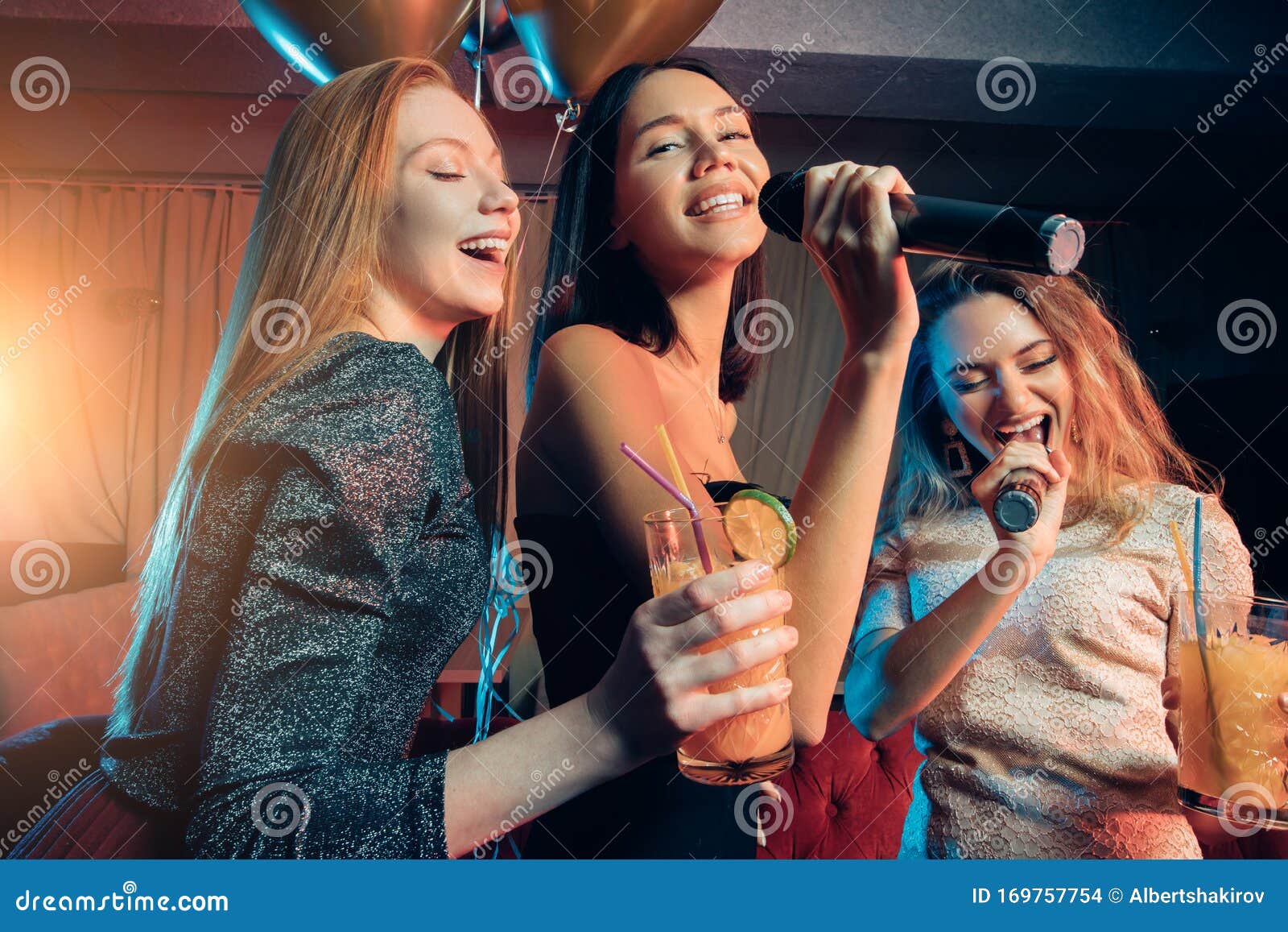 Cheerful Happy Friends Have Fun and Singing at Karaoke Party in Night Club  Stock Photo - Image of enjoyment, frivolity: 169757754