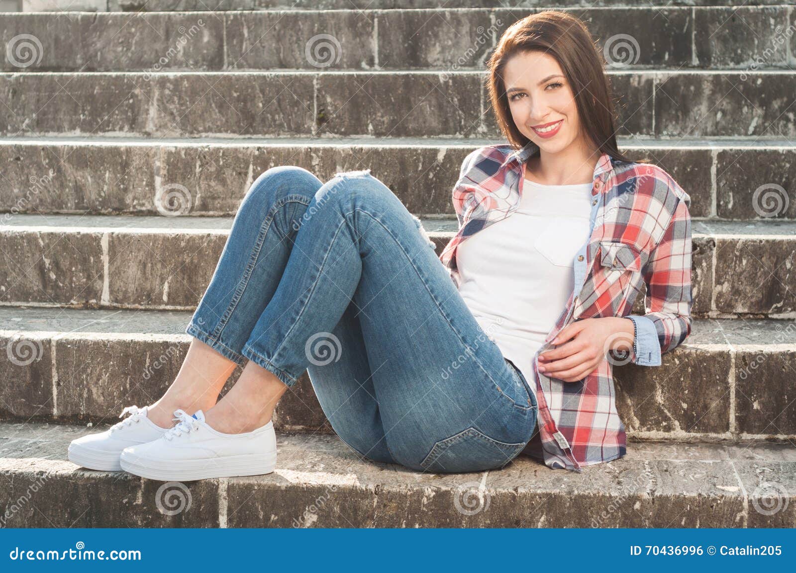 Cheerful Hipster Female Resting Outside on Stone Stairs Stock Photo ...
