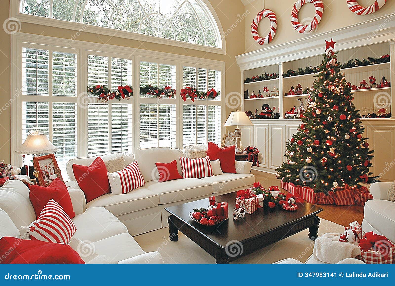 cheerful holiday living room with a candy cane-themed decor