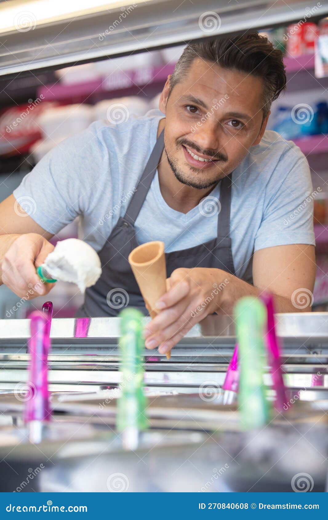 Cheerful Ice Cream Seller Serving Ice Cream Stock Photo Image of