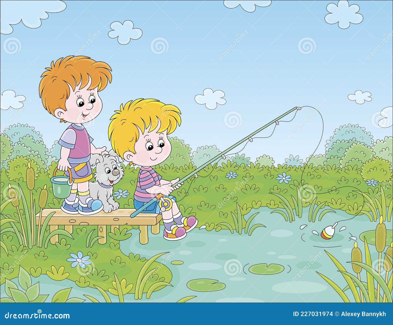Little Boys and Pup Fishing on a Pond Stock Vector - Illustration of small,  fish: 227031974