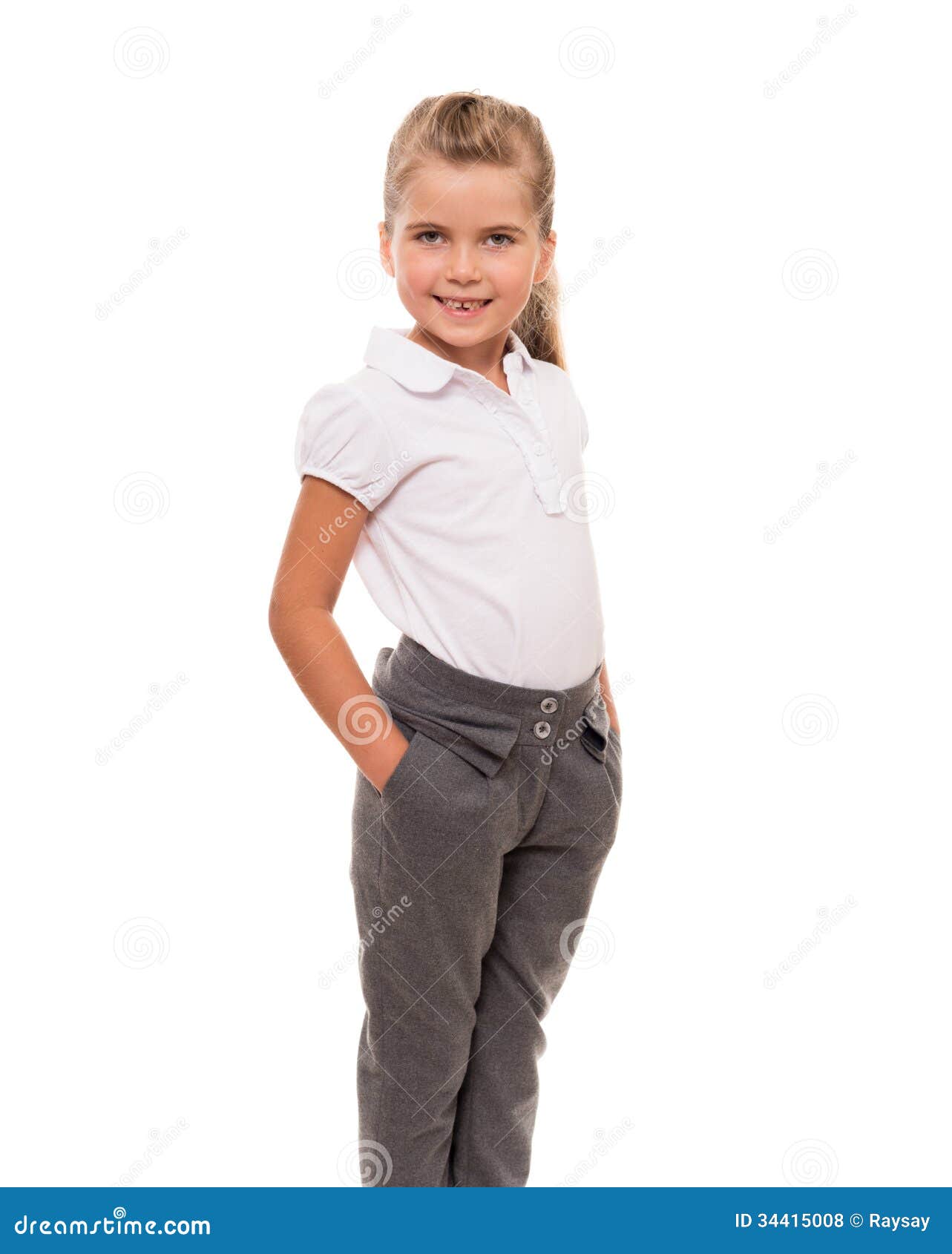 delikatesse svær at tilfredsstille præambel Cheerful Little Girl Wearing White T-shirt and Pants Isolated on Stock  Photo - Image of isolated, beauty: 34415008
