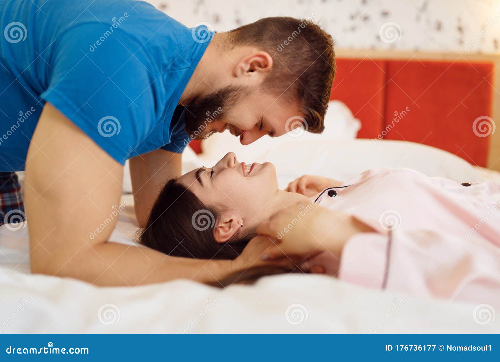 Cheerful Love Couple Hugs In Bedroom Good Morning Stock Image Image Of Male Married