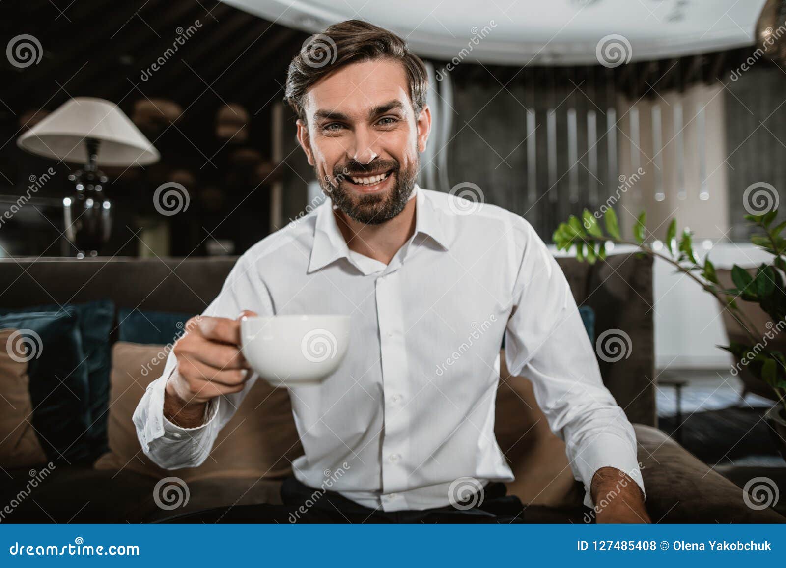Cheerful Man is Enjoying Tea during Break in Work Stock Photo - Image ...