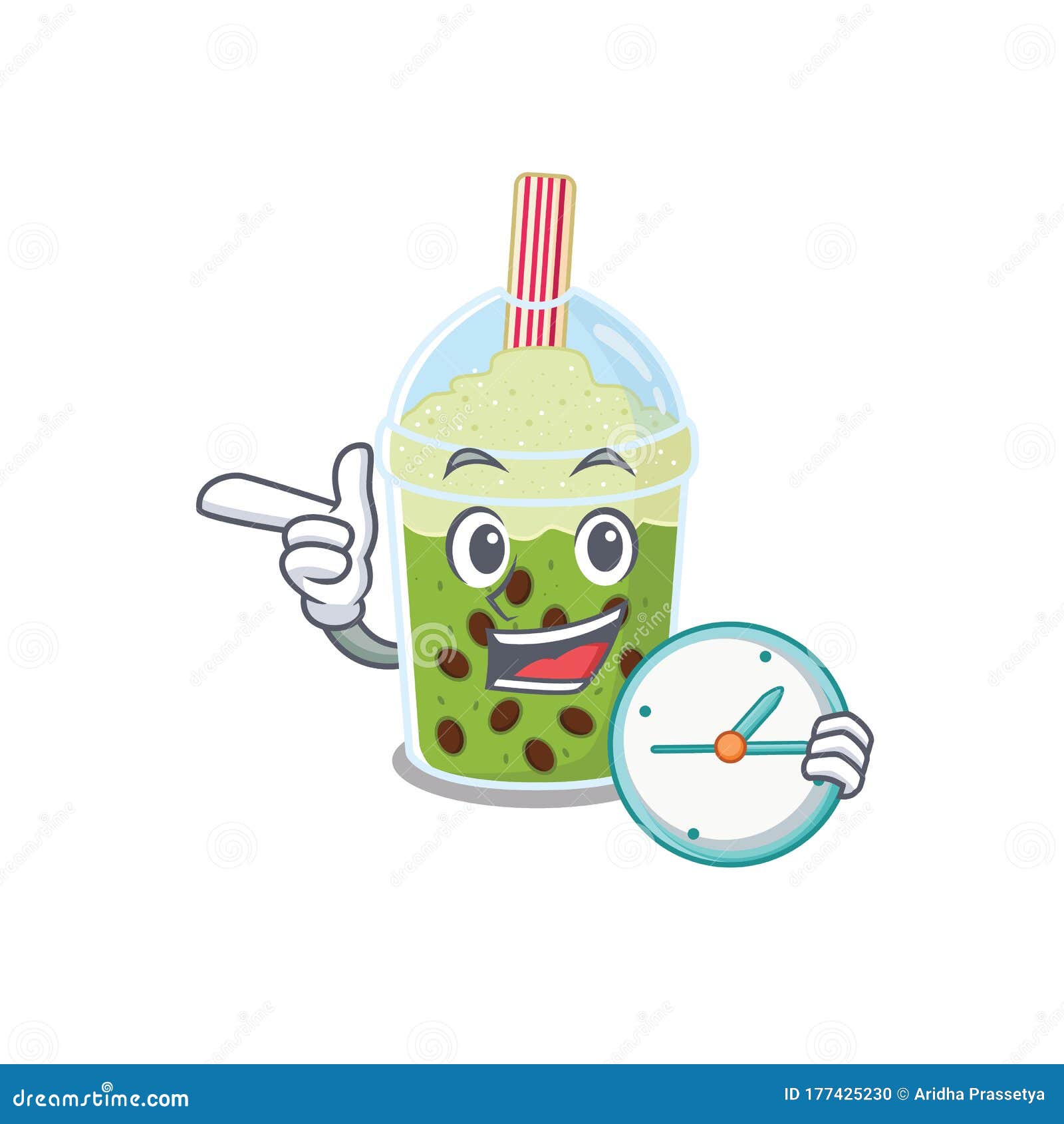 Cheerful Matcha Bubble Tea Cartoon Character Style with Clock Stock Vector Illustration of