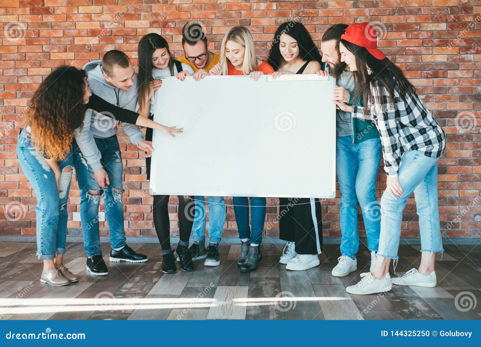 Download Cheerful Millennials Whiteboard Mockup Copy Space Stock ...