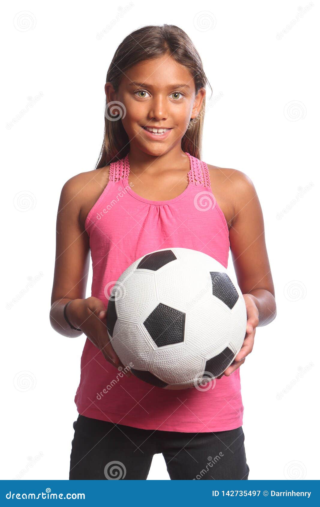 Cheerful Mixed Race School Girl with Soccer Ball Stock Image - Image of ...