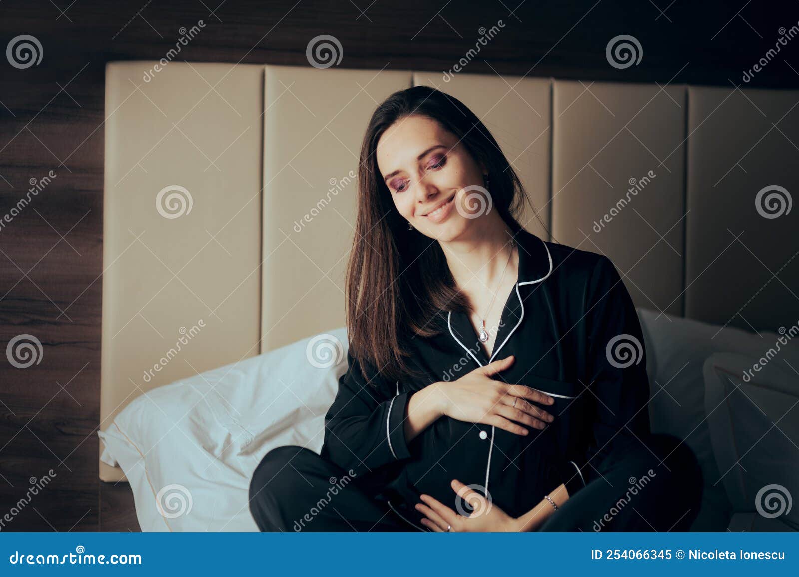 Happy Pregnant Woman Resting In Bed Caressing Belly Stock Image Image