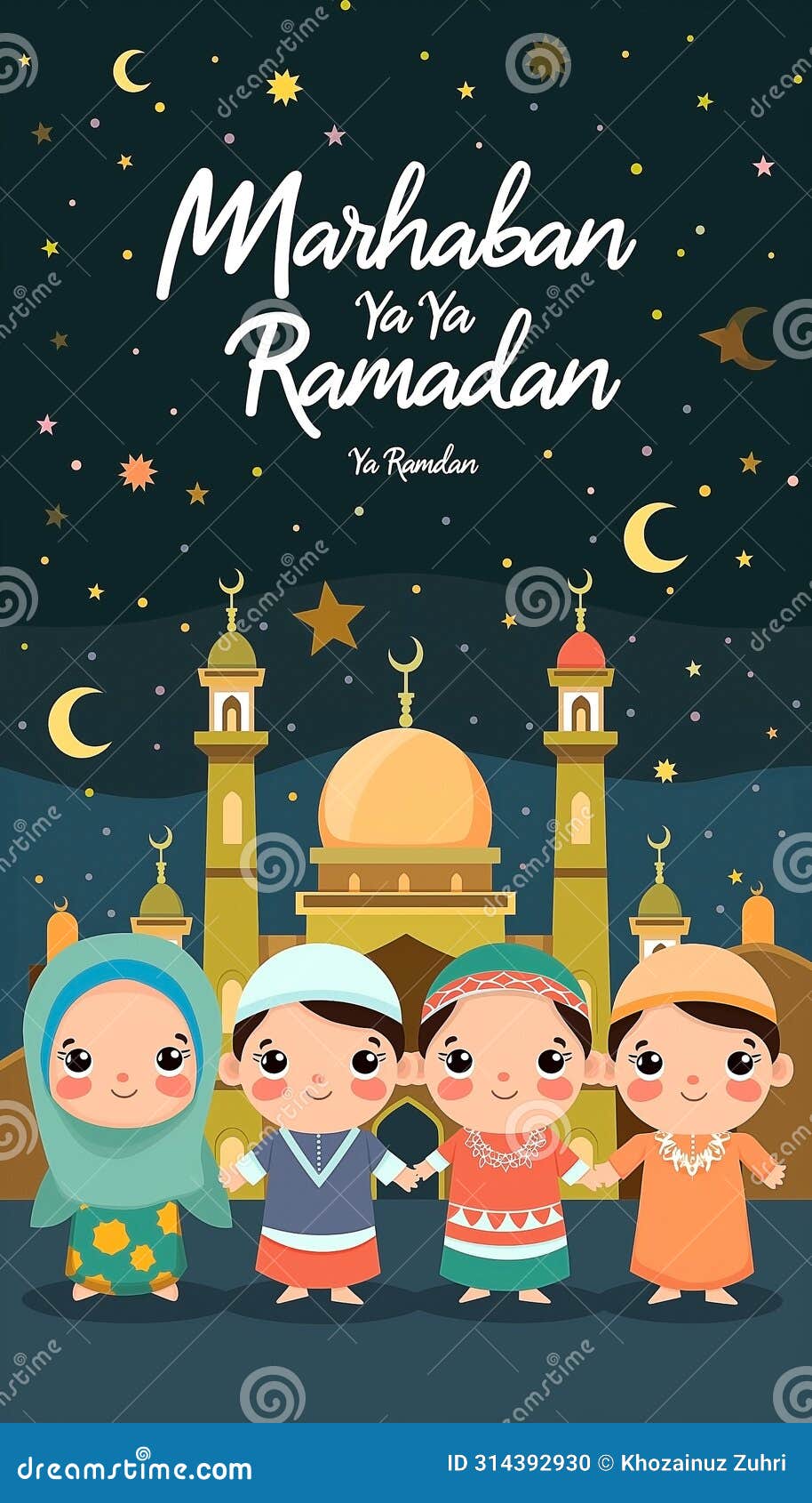 happy muslim family in front of mosque with ramadan kareem and text marhaban ya ramadan on the top